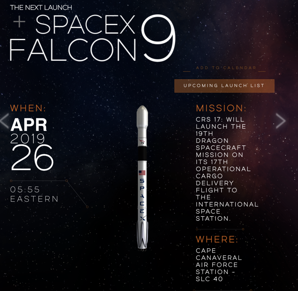 The next Floridian launch of a SpaceX Falcon 9 is April 26, 2019 for a payload delivery to the ISS.